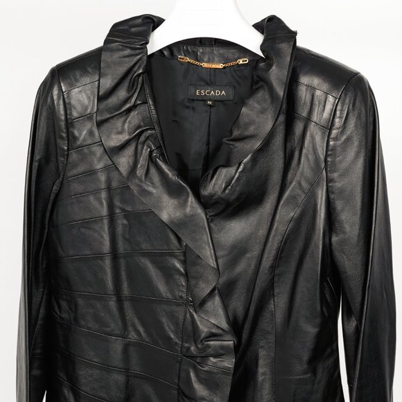 Escada Luloo Black Leather Ruffle-Trim Jacket - Picture 3 of 10